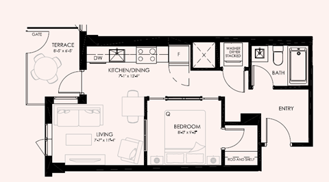 Floor plan for 1 bed, 1 bath, 476 sqft